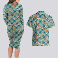 Teal Palaka Hula Girls Seamless Hawaii Aloha Couples Matching Long Sleeve Bodycon Dress and Hawaiian Shirt - Polynesian Pride