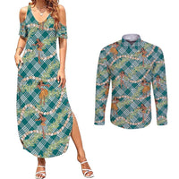 Teal Palaka Hula Girls Seamless Hawaii Aloha Couples Matching Summer Maxi Dress and Long Sleeve Button Shirt LT7 Teal - Polynesian Pride