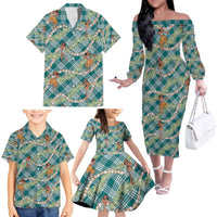 Teal Palaka Hula Girls Seamless Hawaii Aloha Family Matching Off The Shoulder Long Sleeve Dress and Hawaiian Shirt - Polynesian Pride