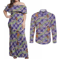 Lavender Palaka Hula Girls Seamless Hawaii Aloha Couples Matching Off Shoulder Maxi Dress and Long Sleeve Button Shirt - Polynesian Pride