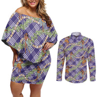 Lavender Palaka Hula Girls Seamless Hawaii Aloha Couples Matching Off Shoulder Short Dress and Long Sleeve Button Shirt - Polynesian Pride