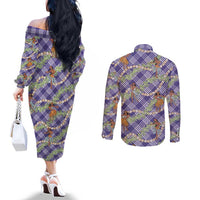 Lavender Palaka Hula Girls Seamless Hawaii Aloha Couples Matching Off The Shoulder Long Sleeve Dress and Long Sleeve Button Shirt - Polynesian Pride
