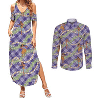 Lavender Palaka Hula Girls Seamless Hawaii Aloha Couples Matching Summer Maxi Dress and Long Sleeve Button Shirt - Polynesian Pride