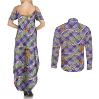 Lavender Palaka Hula Girls Seamless Hawaii Aloha Couples Matching Summer Maxi Dress and Long Sleeve Button Shirt - Polynesian Pride