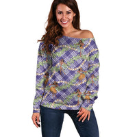 Lavender Palaka Hula Girls Seamless Hawaii Aloha Off Shoulder Sweater LT7 Women Lavender - Polynesian Pride