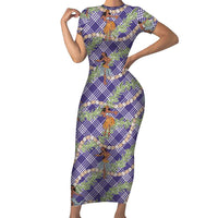 Lavender Palaka Hula Girls Seamless Hawaii Aloha Short Sleeve Bodycon Dress - Polynesian Pride