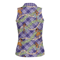 Lavender Palaka Hula Girls Seamless Hawaii Aloha Women Sleeveless Polo Shirt - Polynesian Pride