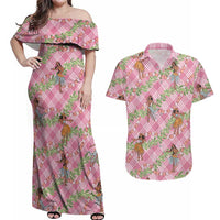 Lokelani Pink Palaka Hula Girls Seamless Hawaii Aloha Couples Matching Off Shoulder Maxi Dress and Hawaiian Shirt - Polynesian Pride