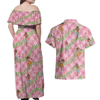 Lokelani Pink Palaka Hula Girls Seamless Hawaii Aloha Couples Matching Off Shoulder Maxi Dress and Hawaiian Shirt - Polynesian Pride