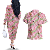 Lokelani Pink Palaka Hula Girls Seamless Hawaii Aloha Couples Matching Off The Shoulder Long Sleeve Dress and Hawaiian Shirt - Polynesian Pride