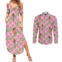 Lokelani Pink Palaka Hula Girls Seamless Hawaii Aloha Couples Matching Summer Maxi Dress and Long Sleeve Button Shirt - Polynesian Pride