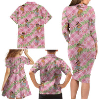 Lokelani Pink Palaka Hula Girls Seamless Hawaii Aloha Family Matching Long Sleeve Bodycon Dress and Hawaiian Shirt - Polynesian Pride