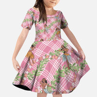 Lokelani Pink Palaka Hula Girls Seamless Hawaii Aloha Family Matching Off Shoulder Maxi Dress and Hawaiian Shirt LT7 Daughter's Dress Pink - Polynesian Pride