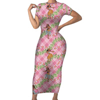 Lokelani Pink Palaka Hula Girls Seamless Hawaii Aloha Family Matching Short Sleeve Bodycon Dress and Hawaiian Shirt - Polynesian Pride