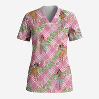 Lokelani Pink Palaka Hula Girls Seamless Hawaii Aloha Scrub Top - Polynesian Pride