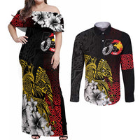 Personalized Papua New Guinea 50th Independence Anniversary Couples Matching Off Shoulder Maxi Dress and Long Sleeve Button Shirt Oro Tapa Mix Plumeria