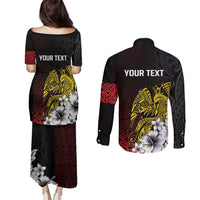 Personalized Papua New Guinea 50th Independence Anniversary Couples Matching Puletasi and Long Sleeve Button Shirt Oro Tapa Mix Plumeria