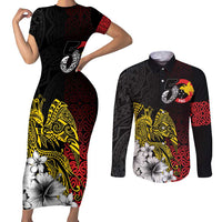 Personalized Papua New Guinea 50th Independence Anniversary Couples Matching Short Sleeve Bodycon Dress and Long Sleeve Button Shirt Oro Tapa Mix Plumeria