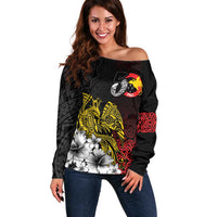 Personalized Papua New Guinea 50th Independence Anniversary Off Shoulder Sweater Oro Tapa Mix Plumeria