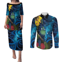 Tui Bird New Zealand Starry Sky Couples Matching Puletasi and Long Sleeve Button Shirt Maori Koru