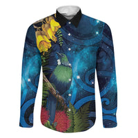Tui Bird New Zealand Starry Sky Family Matching Long Sleeve Bodycon Dress and Hawaiian Shirt Maori Koru LT7 Dad's Shirt - Long Sleeve Galaxy - Polynesian Pride