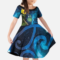 Tui Bird New Zealand Starry Sky Kid Short Sleeve Dress Maori Koru