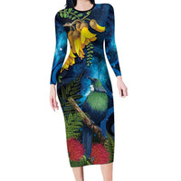 Tui Bird New Zealand Starry Sky Long Sleeve Bodycon Dress Maori Koru