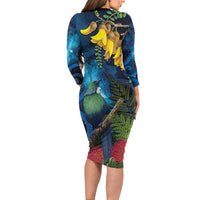 Tui Bird New Zealand Starry Sky Long Sleeve Bodycon Dress Maori Koru