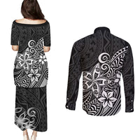 Polynesia Couples Matching Puletasi Dress and Long Sleeve Button Shirts Plumeria Black Curves LT7 - Polynesian Pride