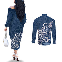 Polynesia Couples Matching Off The Shoulder Long Sleeve Dress and Long Sleeve Button Shirts Plumeria Blue Curves LT7 - Polynesian Pride