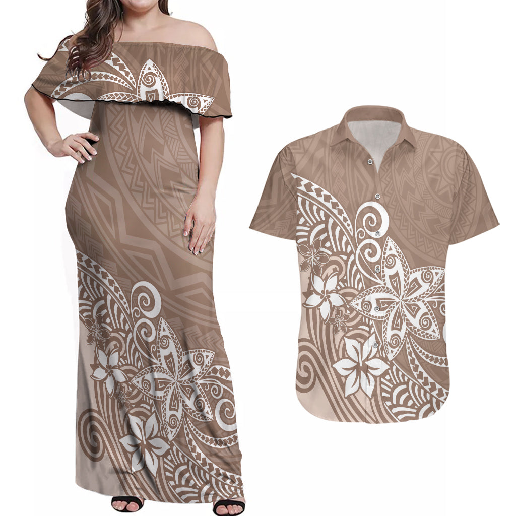 Polynesia Couples Matching Off Shoulder Maxi Dress and Hawaiian Shirt Plumeria Beige Curves LT7 Beige - Polynesian Pride