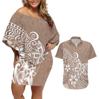 Polynesia Couples Matching Off Shoulder Short Dress and Hawaiian Shirt Plumeria Beige Curves LT7 Beige - Polynesian Pride