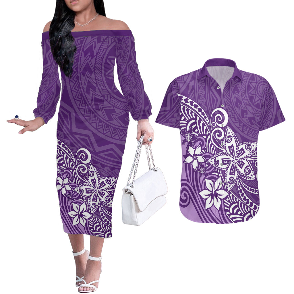 Polynesia Couples Matching Off The Shoulder Long Sleeve Dress and Hawaiian Shirt Plumeria Purple Curves LT7 Purple - Polynesian Pride