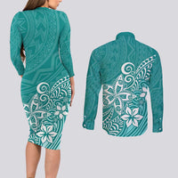 Polynesia Couples Matching Long Sleeve Bodycon Dress and Long Sleeve Button Shirts Plumeria Teal Curves LT7