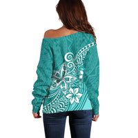 Polynesia Off Shoulder Sweater Plumeria Teal Curves LT7 - Polynesian Pride