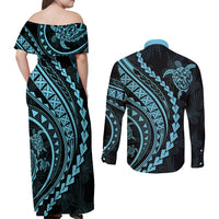 Polynesian Pride Couples Matching Off Shoulder Maxi Dress and Long Sleeve Button Shirts Turtle Hibiscus Luxury Style - Aquamarine LT7 - Polynesian Pride