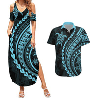 Polynesian Pride Couples Matching Summer Maxi Dress and Hawaiian Shirt Turtle Hibiscus Luxury Style - Aquamarine LT7 Aquamarine - Polynesian Pride