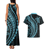 Polynesian Pride Couples Matching Tank Maxi Dress and Hawaiian Shirt Turtle Hibiscus Luxury Style - Aquamarine LT7 - Polynesian Pride