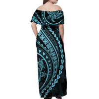 Polynesian Pride Off Shoulder Maxi Dress Turtle Hibiscus Luxury Style - Aquamarine LT7 - Polynesian Pride
