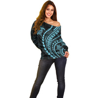 Polynesian Pride Off Shoulder Sweater Turtle Hibiscus Luxury Style - Aquamarine LT7 - Polynesian Pride