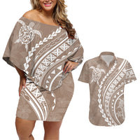 Polynesian Pride Couples Matching Off Shoulder Short Dress and Hawaiian Shirt Turtle Hibiscus Luxury Style - Beige LT7 Beige - Polynesian Pride