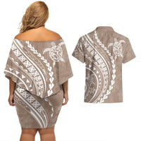 Polynesian Pride Couples Matching Off Shoulder Short Dress and Hawaiian Shirt Turtle Hibiscus Luxury Style - Beige LT7 - Polynesian Pride