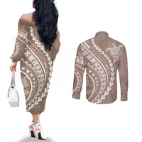 Polynesian Pride Couples Matching Off The Shoulder Long Sleeve Dress and Long Sleeve Button Shirts Turtle Hibiscus Luxury Style - Beige LT7 - Polynesian Pride