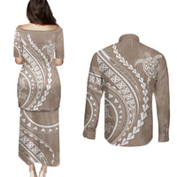 Polynesian Pride Couples Matching Puletasi Dress and Long Sleeve Button Shirts Turtle Hibiscus Luxury Style - Beige LT7 - Polynesian Pride