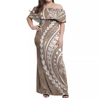 Polynesian Pride Off Shoulder Maxi Dress Turtle Hibiscus Luxury Style - Beige LT7 Women Beige - Polynesian Pride