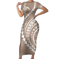 Polynesian Pride Short Sleeve Bodycon Dress Turtle Hibiscus Luxury Style - Beige LT7 Long Dress Beige - Polynesian Pride