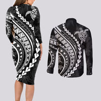 Polynesian Pride Couples Matching Long Sleeve Bodycon Dress and Long Sleeve Button Shirts Turtle Hibiscus Luxury Style - Black LT7 - Polynesian Pride