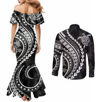 Polynesian Pride Couples Matching Mermaid Dress and Long Sleeve Button Shirts Turtle Hibiscus Luxury Style - Black LT7 - Polynesian Pride