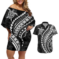 Polynesian Pride Couples Matching Off Shoulder Short Dress and Hawaiian Shirt Turtle Hibiscus Luxury Style - Black LT7 Black - Polynesian Pride