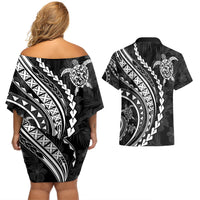 Polynesian Pride Couples Matching Off Shoulder Short Dress and Hawaiian Shirt Turtle Hibiscus Luxury Style - Black LT7 - Polynesian Pride
